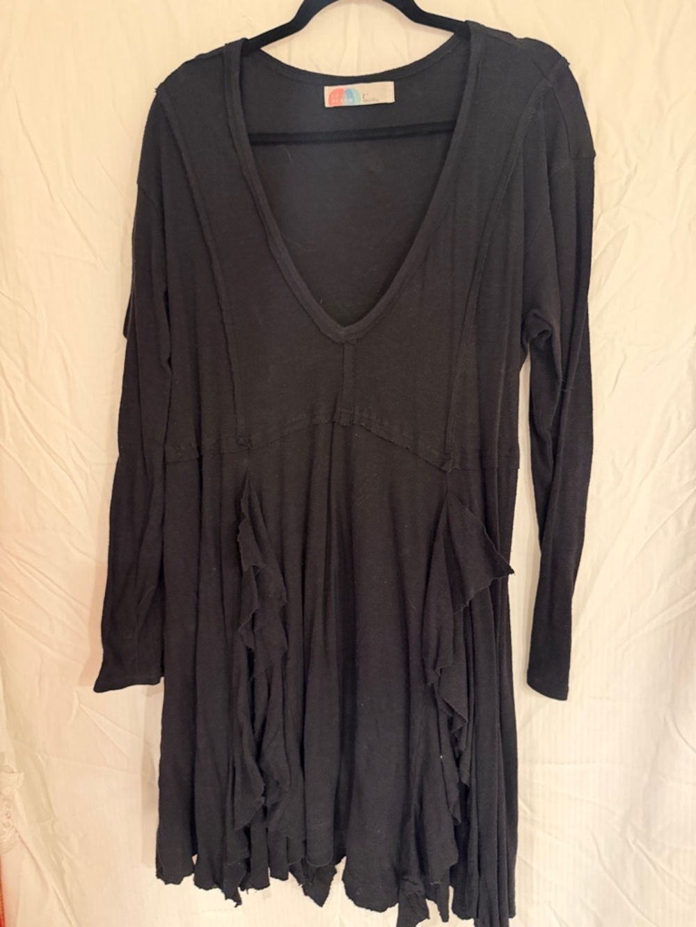 Free People Black V-Neck Long Sleeve Ruffled Tunic Dress